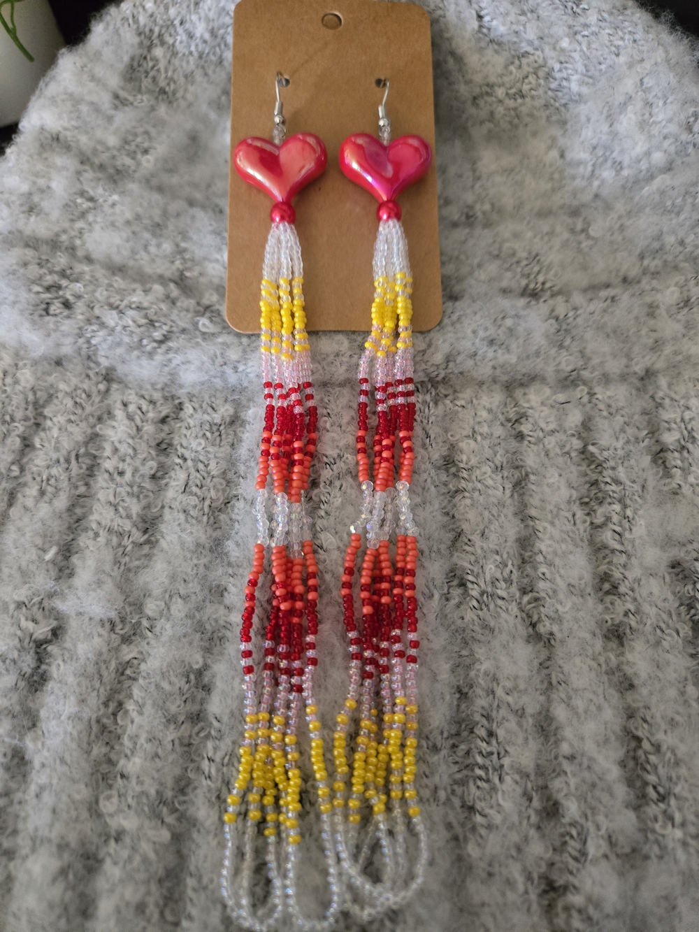 Pink Heart Beaded Tassel Earrings